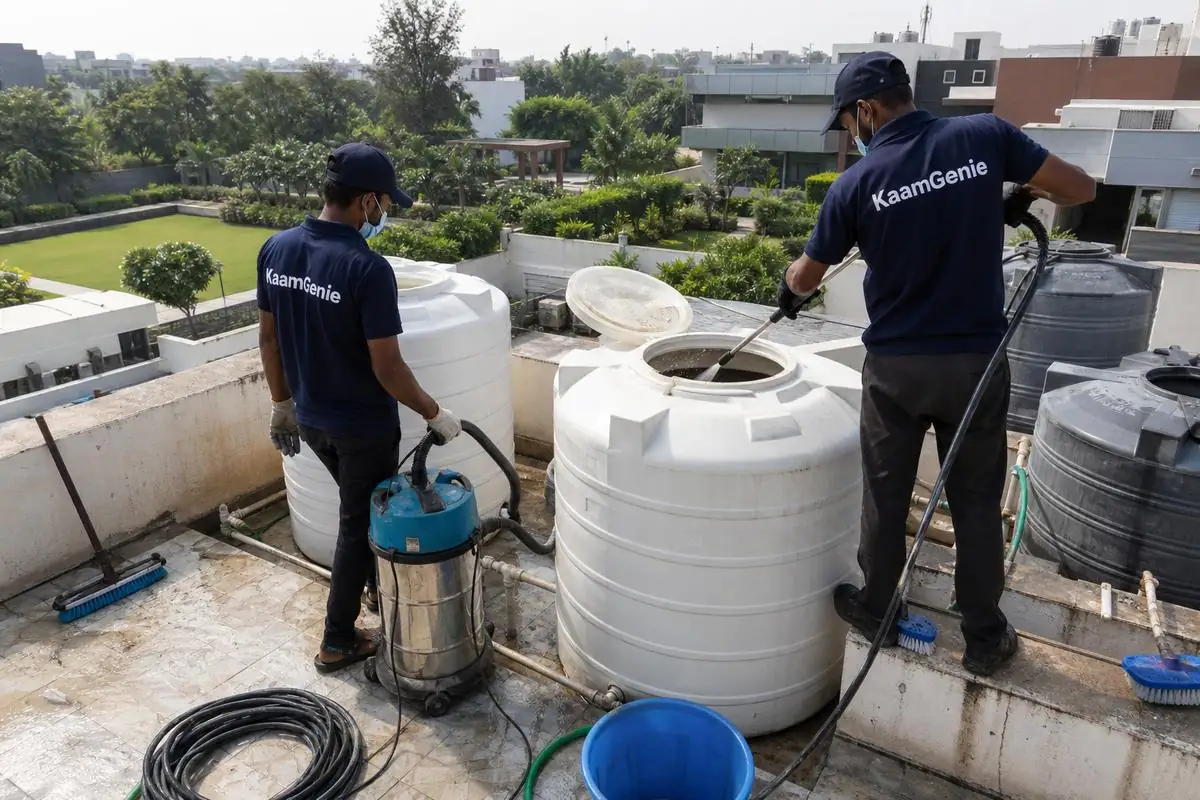 KaamGenie crew cleaning a water tank in Westend Greens & DLF Farms, Delhi