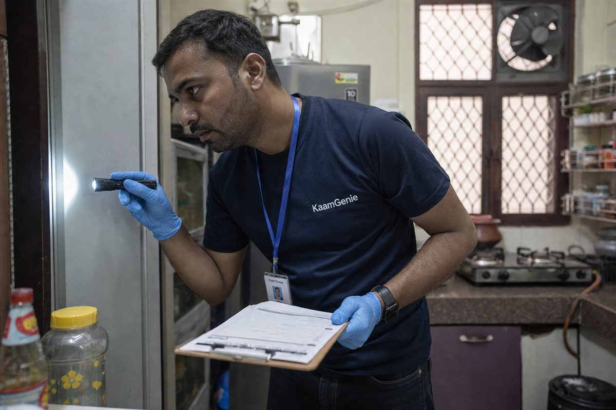 A KaamGenie technician inspecting under a Delhi kitchen sink with a torch at the start of a general pest control service