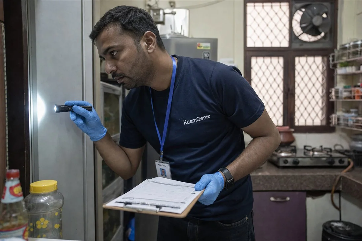 A KaamGenie technician inspecting under a Delhi kitchen sink with a torch at the start of a general pest control service