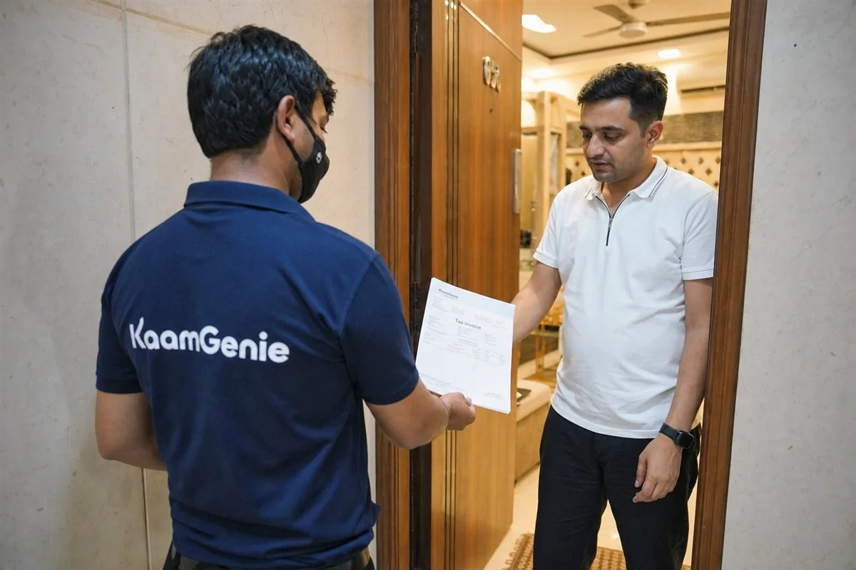 A KaamGenie technician handing a homeowner a GST invoice and explaining the warranty period after a pest control treatment in a Delhi home
