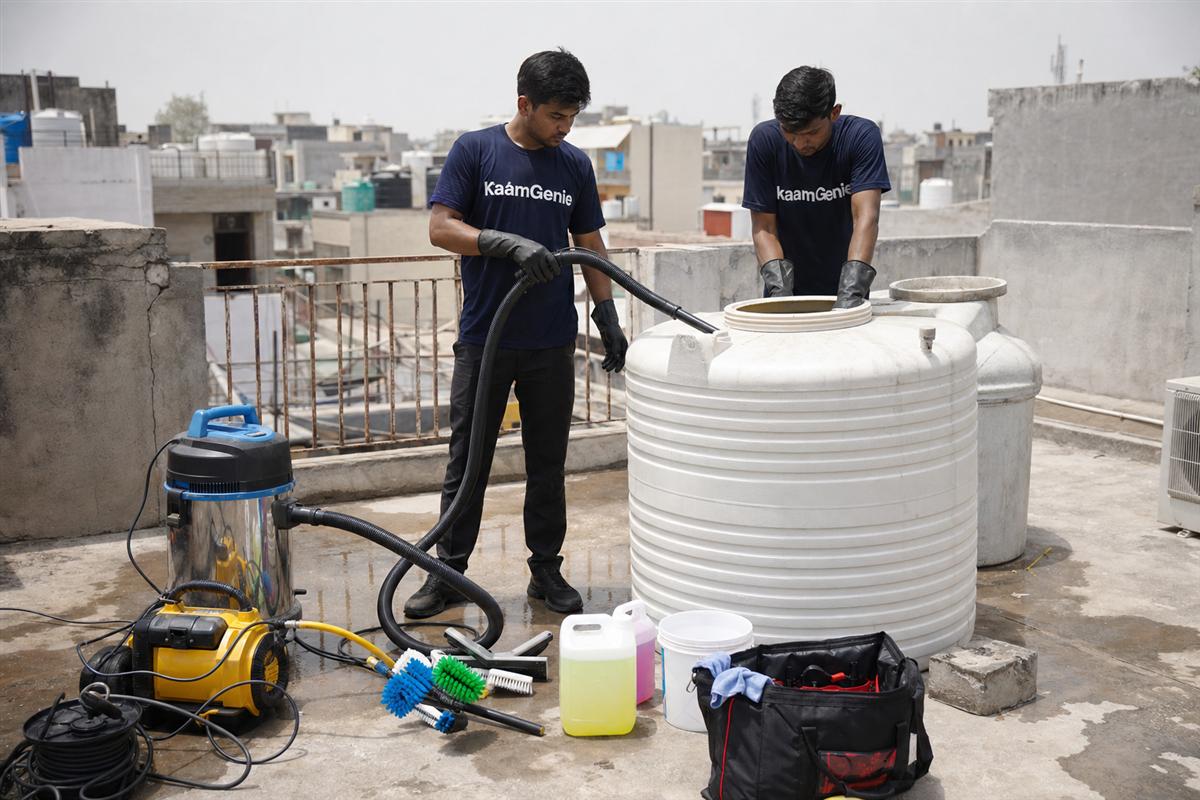 KaamGenie crew member handing a customer a water tank cleaning certificate and showing before/after photos on a phone after a Delhi rooftop job