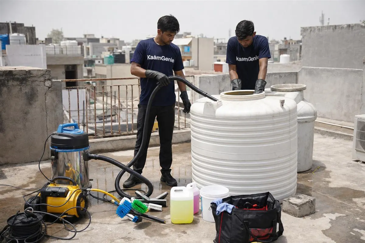 KaamGenie crew member handing a customer a water tank cleaning certificate and showing before/after photos on a phone after a Delhi rooftop job