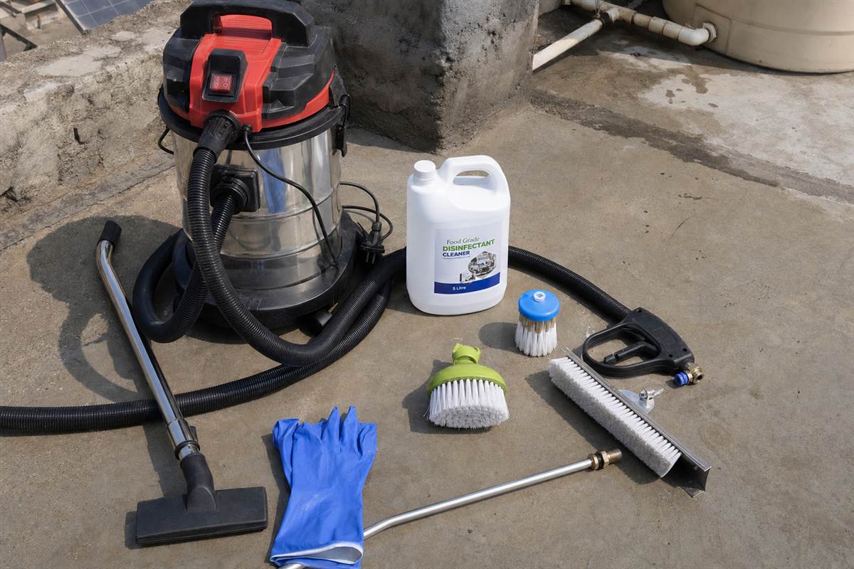 Checklist of standard water tank cleaning service inclusions laid out beside a freshly cleaned plastic tank on a Delhi rooftop - photos, certificate and GST invoice
