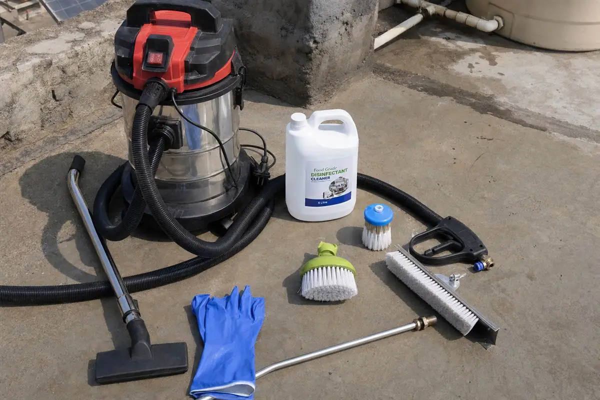 Checklist of standard water tank cleaning service inclusions laid out beside a freshly cleaned plastic tank on a Delhi rooftop - photos, certificate and GST invoice