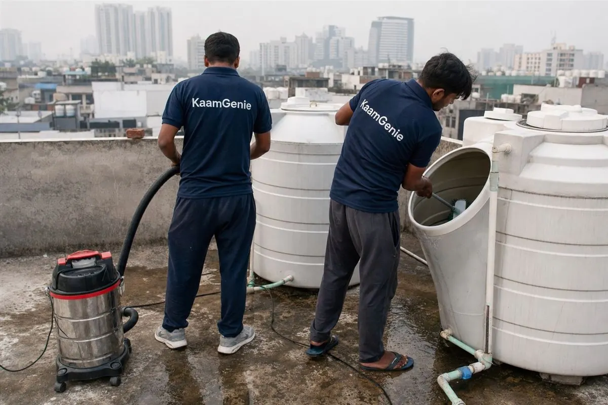 Two KaamGenie crew members in navy shirts mid-process cleaning a Gurgaon rooftop tank with a vacuum, brushes and hose