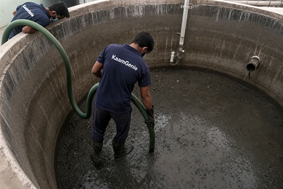 A KaamGenie worker in a navy shirt vacuuming sludge from a drained water tank in Gurgaon