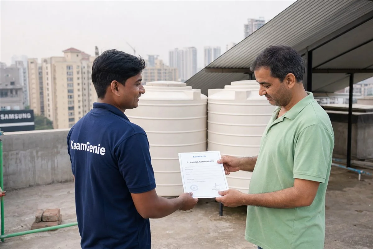 A KaamGenie worker in a navy shirt handing a printed cleaning certificate to a resident in Gurgaon