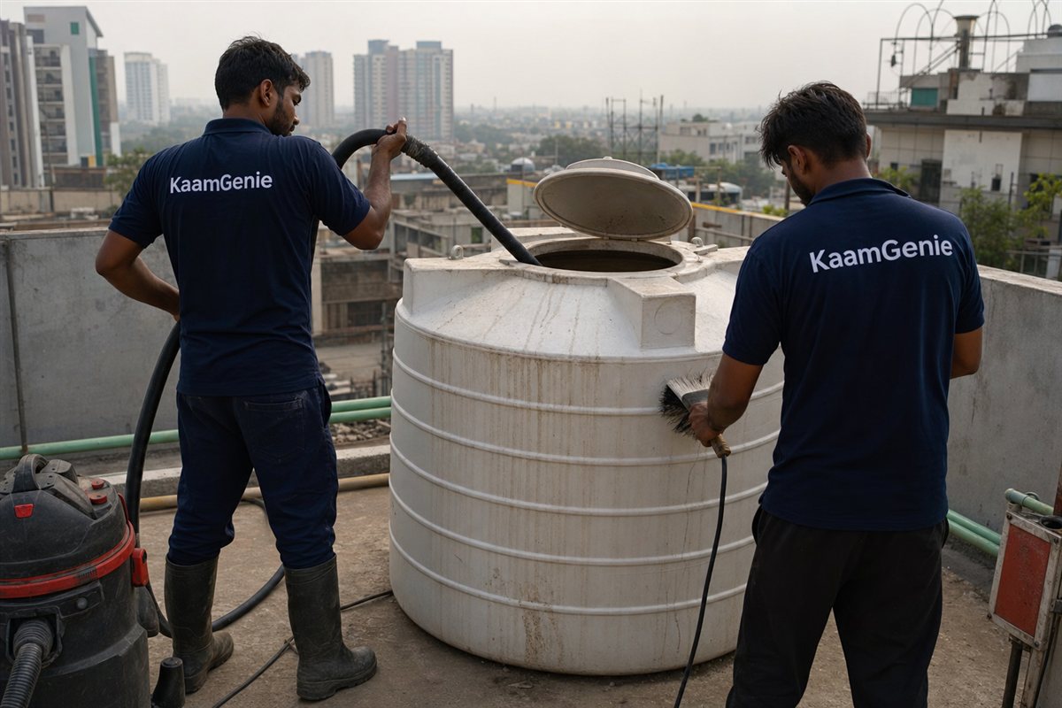 Two KaamGenie crew in navy shirts mid-process cleaning a Noida rooftop tank with vacuum, brushes and hose