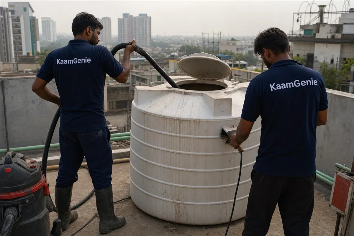 Two KaamGenie crew in navy shirts mid-process cleaning a Noida rooftop tank with vacuum, brushes and hose