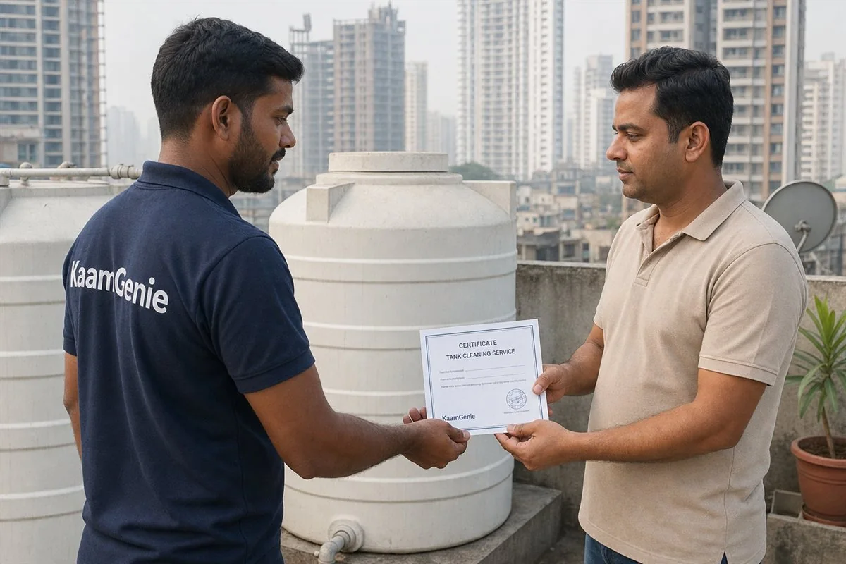 A KaamGenie worker in a navy shirt handing a printed water tank cleaning certificate to a resident in Noida