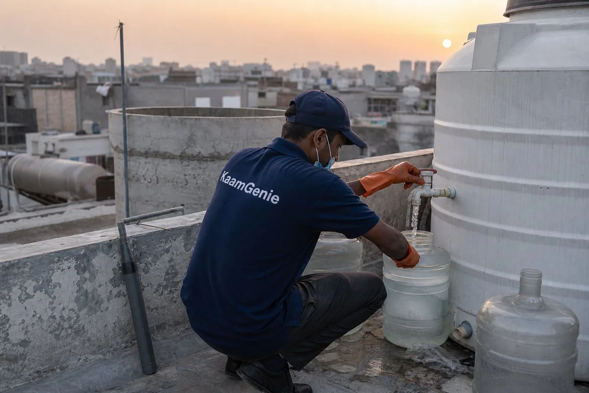 Delhi resident storing water carefully during a supply disruption