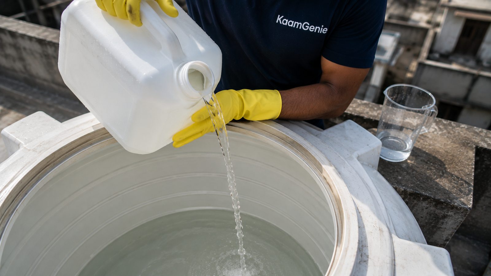 KaamGenie crew cleaning a water tank in Yamuna Vihar, East Delhi
