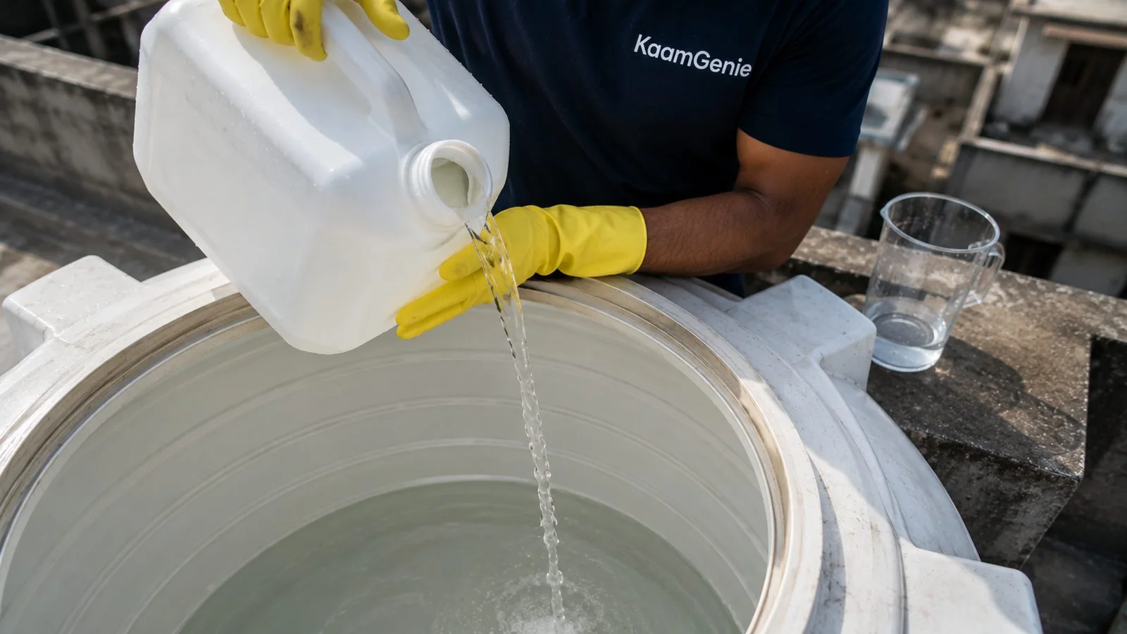 KaamGenie crew cleaning a water tank in Yamuna Vihar, East Delhi