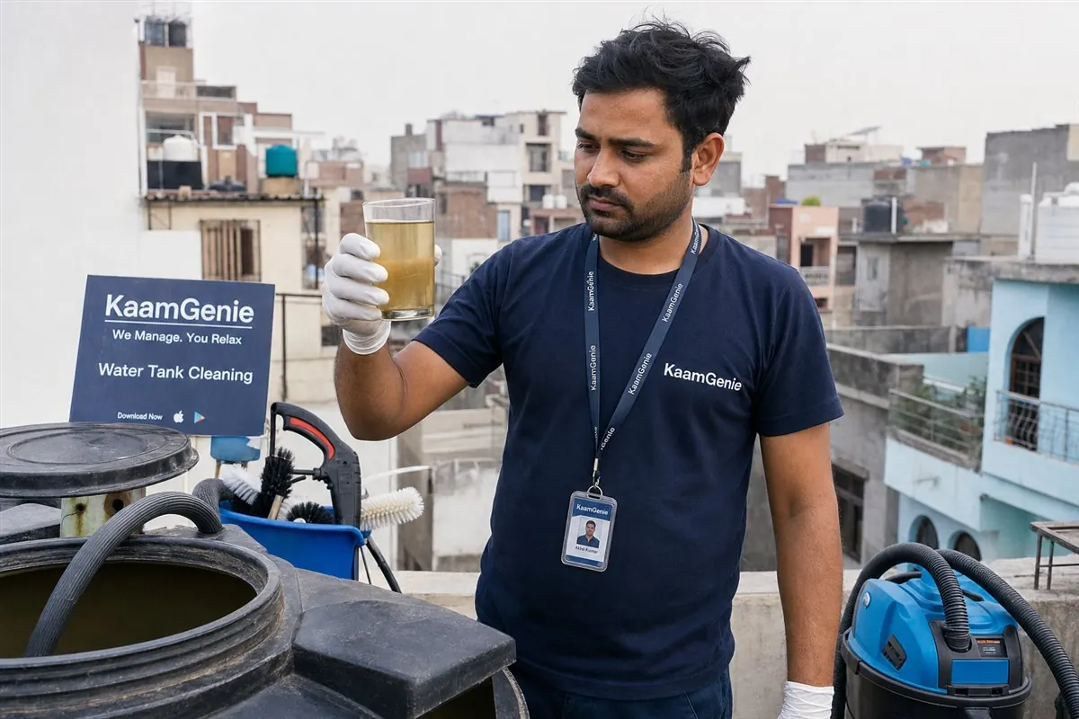 KaamGenie technician in navy uniform holding a glass of yellow-tinted tap water beside an open rooftop water tank in Delhi