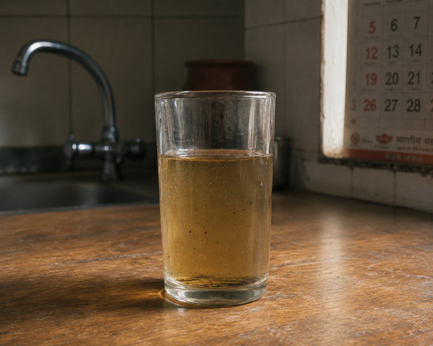 A glass of yellow tinted tap water from a Delhi home, held up to natural light - a clear sign of water tank contamination
