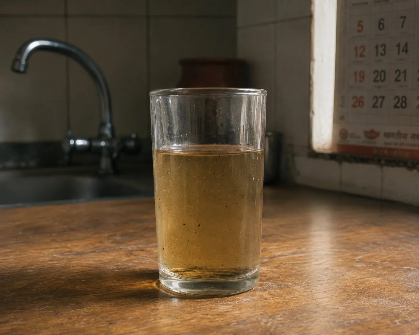 A glass of yellow tinted tap water from a Delhi home, held up to natural light - a clear sign of water tank contamination