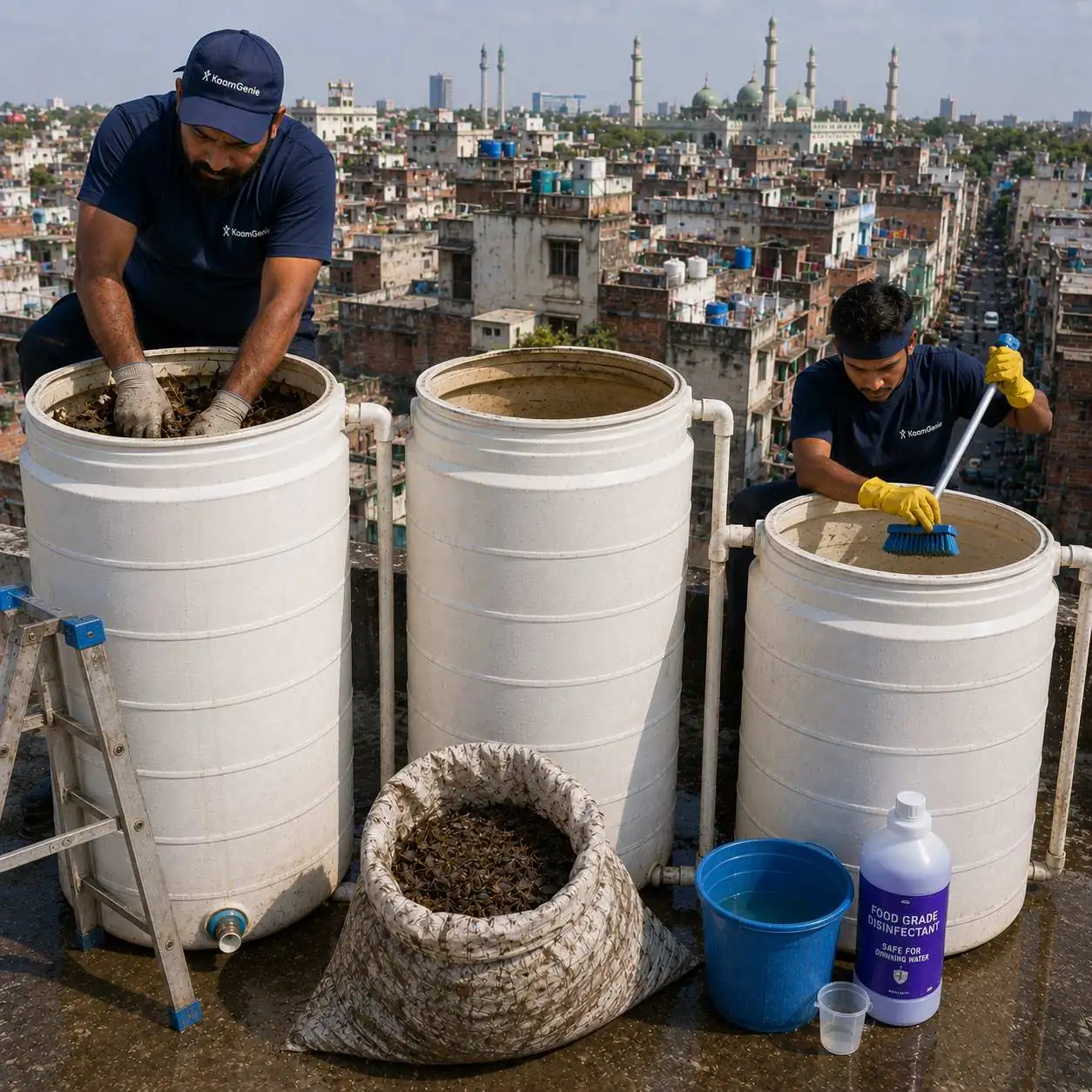 KaamGenie crew cleaning an overhead water tank on a Zakir Nagar rooftop in South Delhi